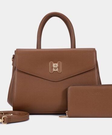 Set of Small Classic Leather Handbag with Wallet - Brown